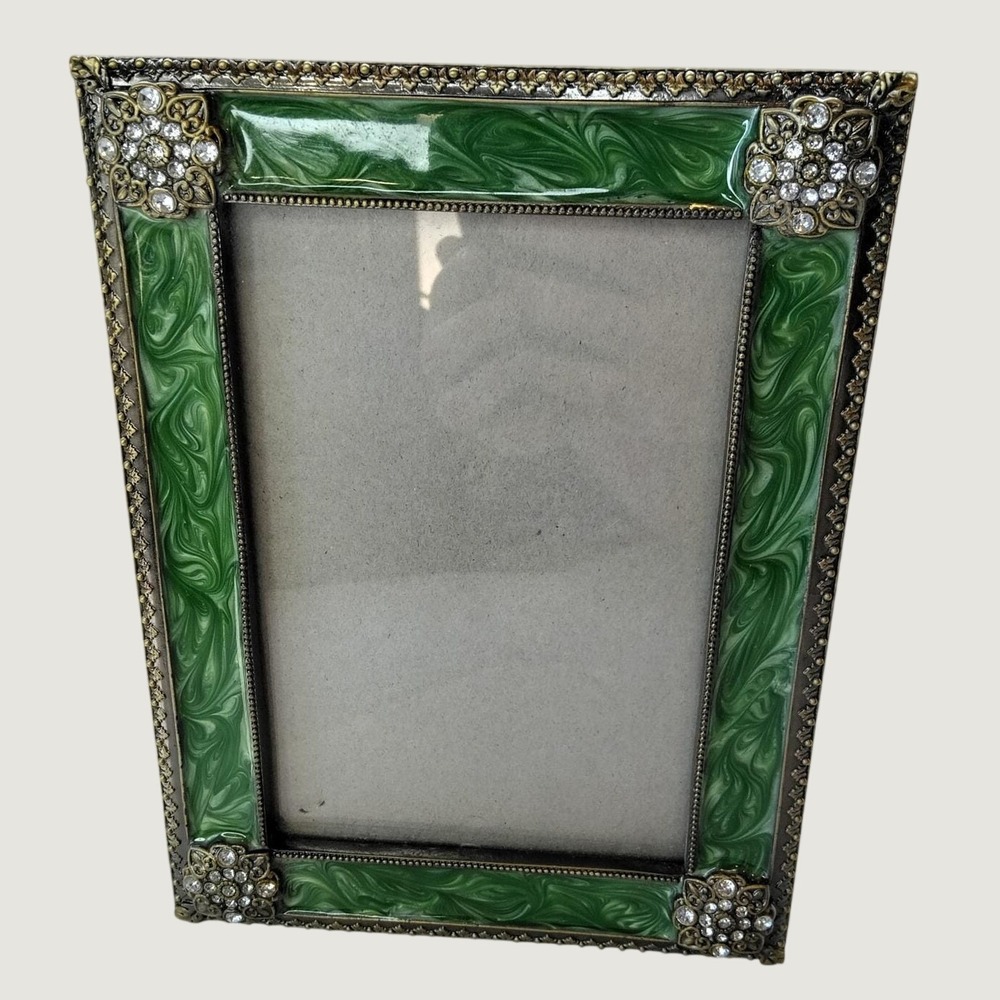 Sunflower Designs Green Marbled Enamel Rhinestone Silver Tone Photo Frame 4x6
